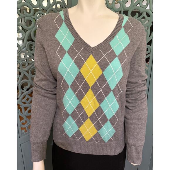 IZOD V-Neck Sweater-Gray with Teal & Yellow Argyle Knitted Front-Long Sleeve-M - Picture 1 of 6